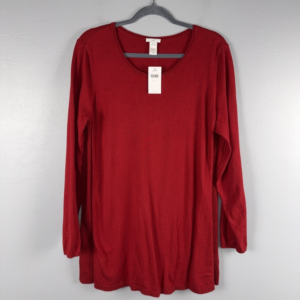 J Jill Tunic Sweater Women L True Red Cotton Blend Round Neck Long Sleeve *READ